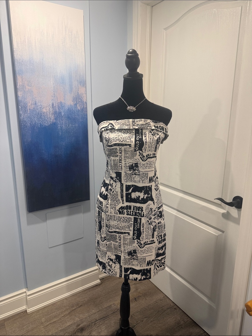 Garage Strapless Black & White Newspaper Print Dress